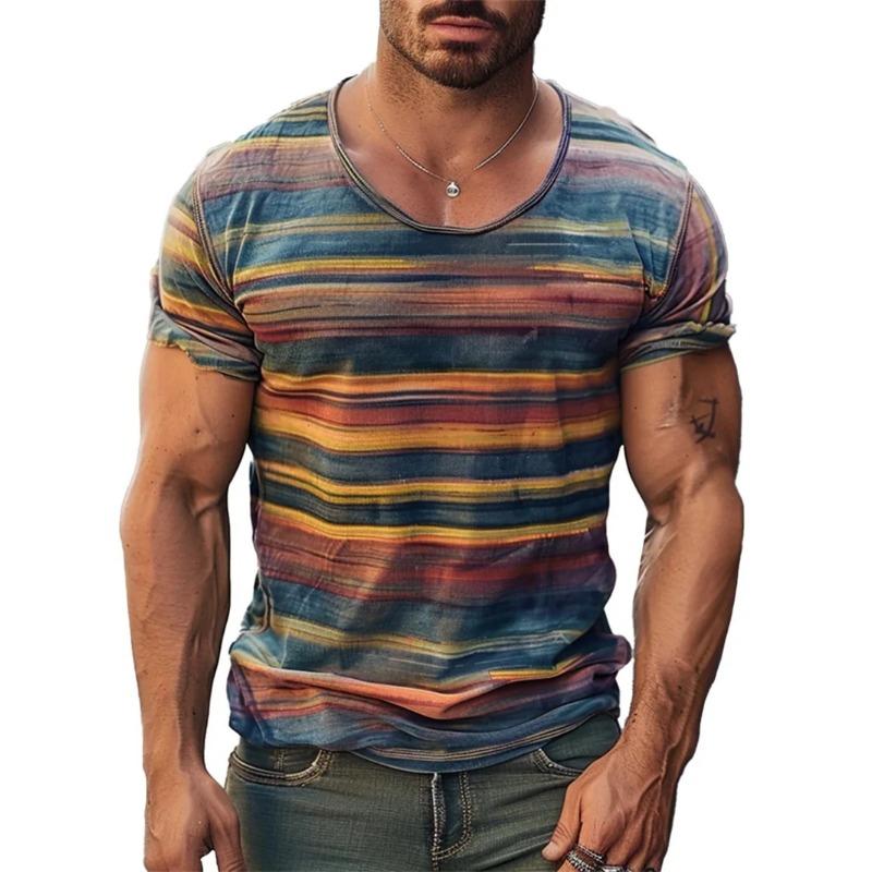 Summer Round Neck Retro Stripe Graphic 3D Print Top Fashionable Casual Short Sleeved Men's T-shirts