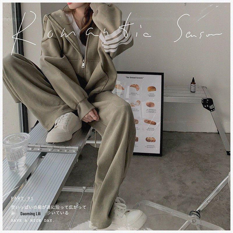 Women's Casual Korean Style Hoodie & Wide-Leg Pants Set - Slimming & Trendy for Autumn/Spring