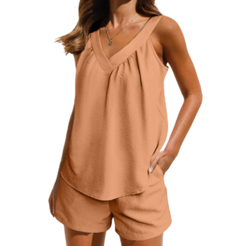 Women's Solid Color Loose V-Neck Pullover Sleeveless Casual Top With Pockets Shorts Set