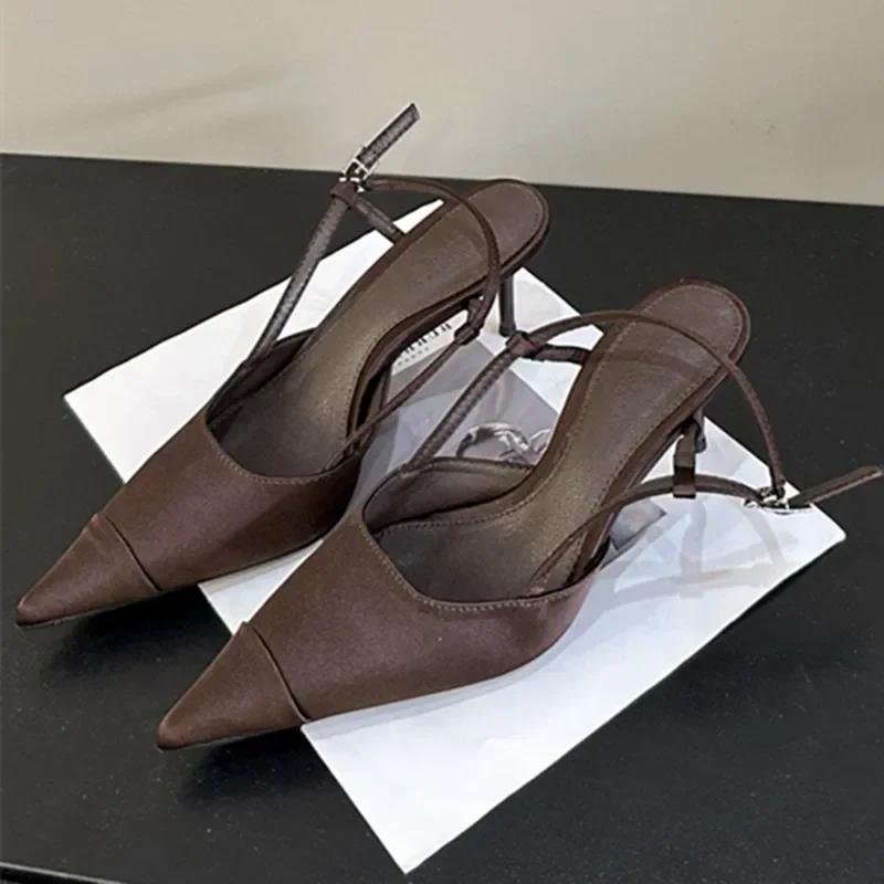 Fashion High Quality Satin Slingback Pumps Women Sexy Pointed Toe Back Strap Buckle High Heel Sandals Fashion Shallow Party Dress Shoes