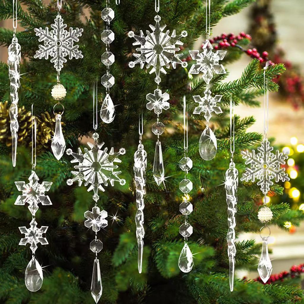 10 Pcs Christmas Tree Pendants with Strings Hanging Acrylic Snowflake Icicle Ornaments for Xmas Tree Home Party Supplies