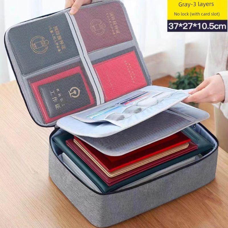 

Document Bag, Simple Household File Storage Bag, Multi-Functional Card Holder, Oxford Cloth Travel Storage Bag, Handbag Gray Three-Layer Without Lock