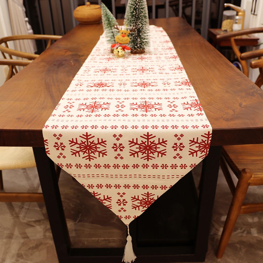 Christmas Table Runner  Vintage Polyester Tassel Triangle Snowflake Party Wedding Kitchen Table Fabric Home Coffee Table Decor