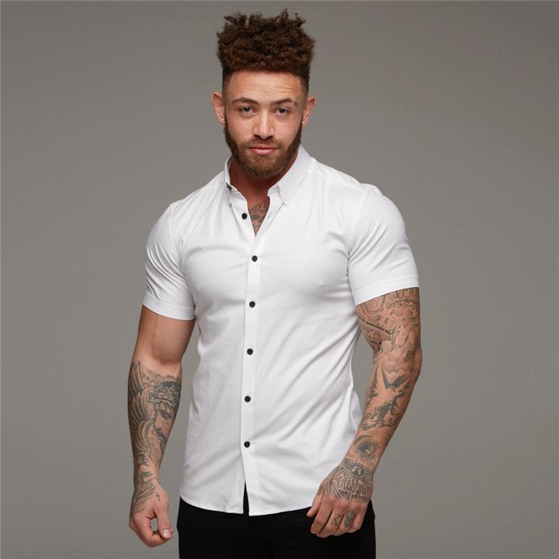 Stretch Thin Solid Color Sports Casual Cardigan Business Shirt Men's Fitness Short-sleeved Lapel Shirt