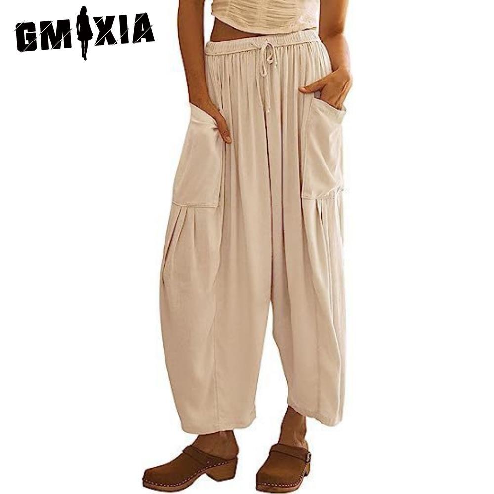 GMXIA Modne damskie spodnie i spodnie capri z wysokim stanem, na co dzień w jednolitym kolorze