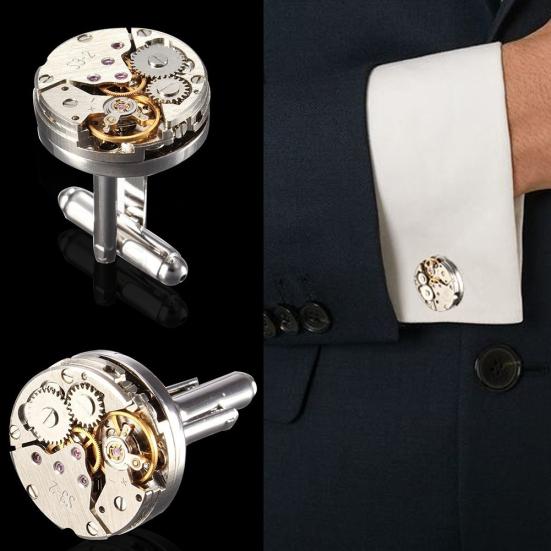 2 Pezzi Moda Uomo Donna Movimento Orologio Meccanico Gemelli Bottoni Manica Camicia