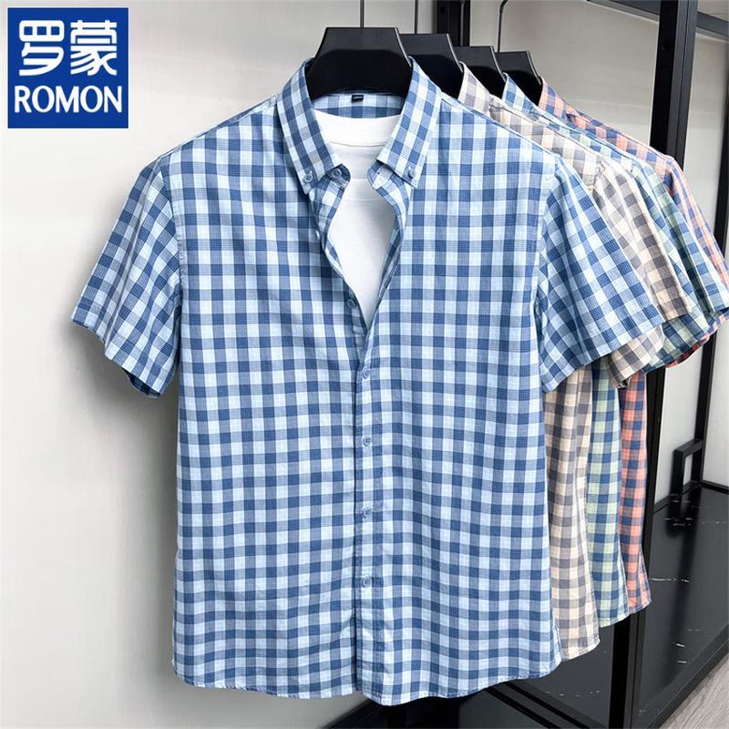 ROMON Men s Lyocell Blend Short-Sleeve Plaid Shirt L