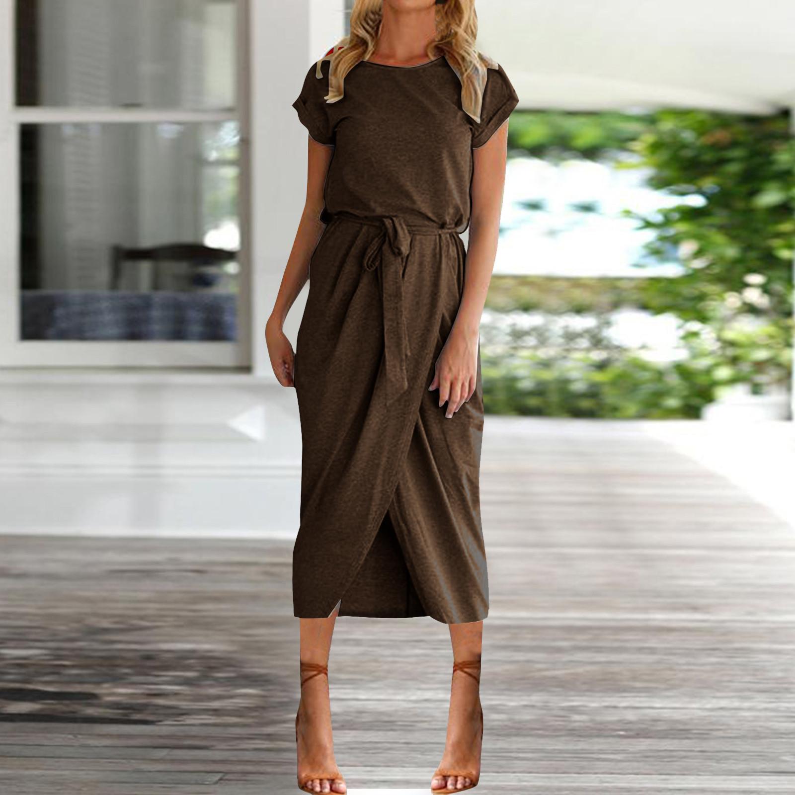 

Женское летнее платье с круглым вырезом и без рукавов, платье трапециевидной формы с поясом и поясом, пляжные платья M кофейный