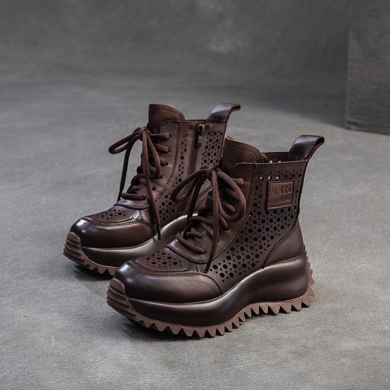 Fashion GKTINOO Handmade Woman Genuine Leather Sneakers Thick Soled Short Boots Height Increasing British style Platform Women's Booties