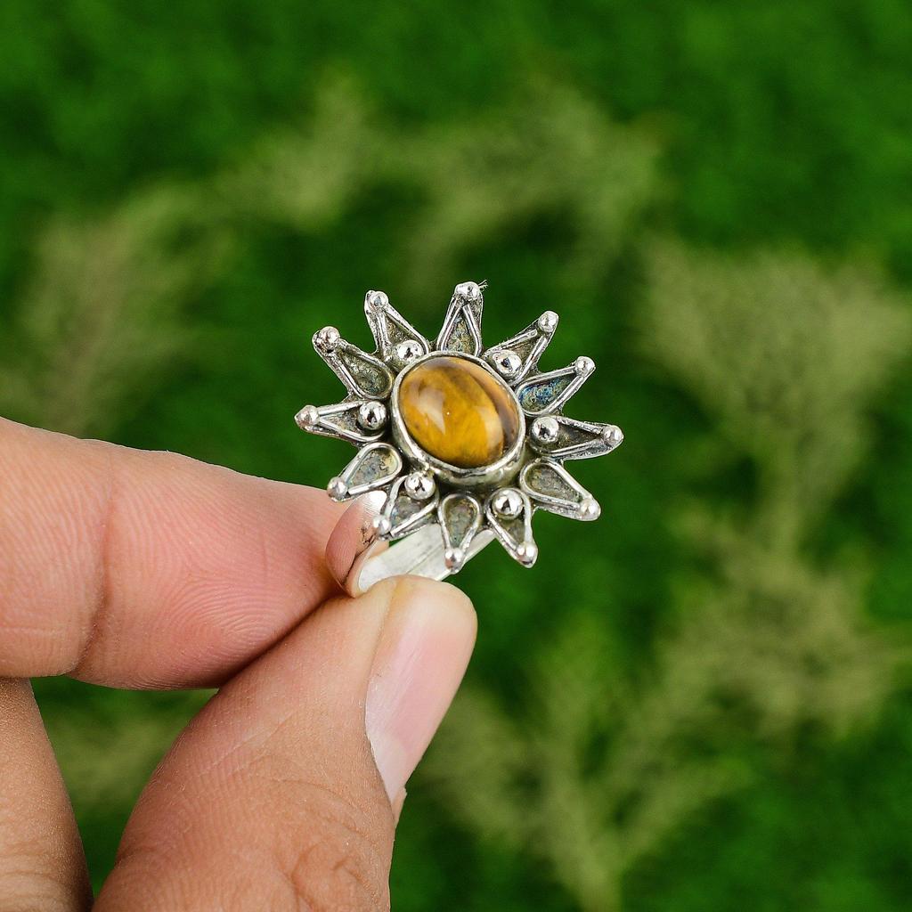 Womens day Deal Sterling Silver Tigers Eye Gemstone Flower Sister Ring Jewelry