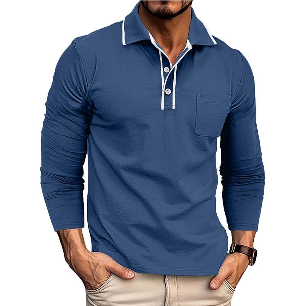 Men's Spring And Color T-shirt Lapel 3 Button Open Placket Button Long Sleeved Top
