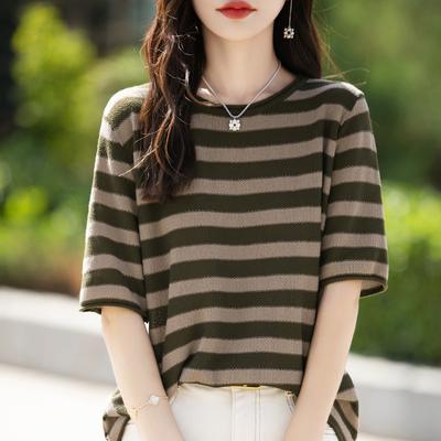 Pure Cotton Crew Neck Striped Fashionable Versatile Contrasting Color Age-reducing Short-sleeved Summer New Casual Top