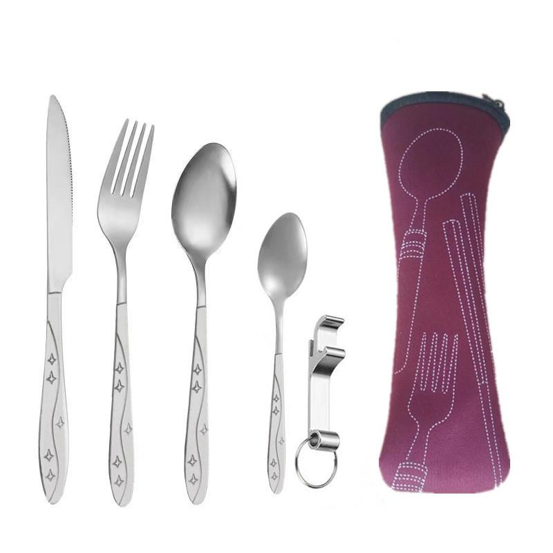 Tragbares Edelstahl-Besteckset - 5-teiliges Reisebesteck mit Messer, Gabel, Löffel und kleinem Löffel für Camping & Outdoor