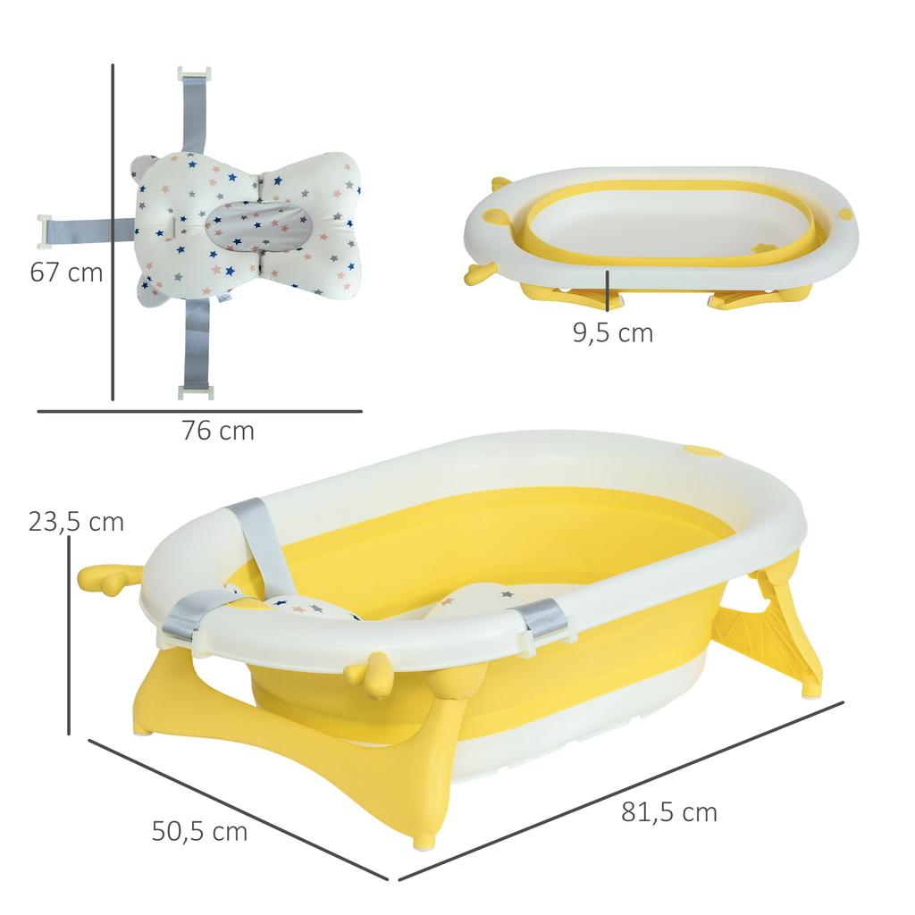 Foldable Baby Bathtub, Newborn to 3 Years, Heat-Sensitive Plug, Cushion, 81.5x50.5x23.5 cm