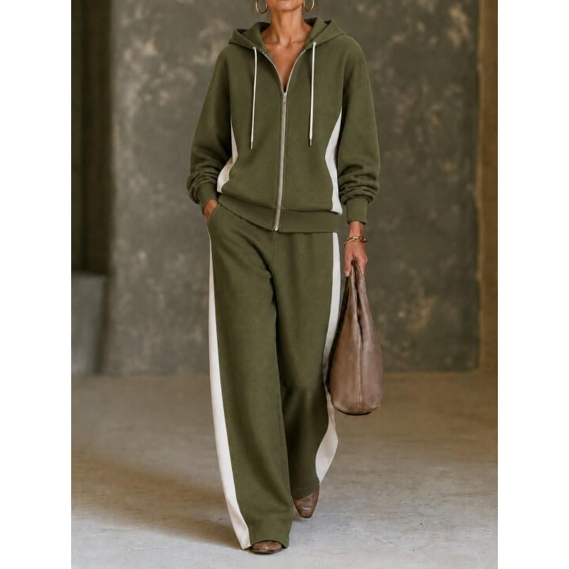 Damen 2-teiliges Freizeit-Set Winter 2026: Color-Block Kapuzen-Reißverschluss-Sweatshirt Weit geschnittene Hose