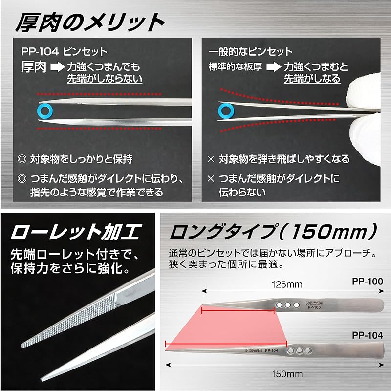 HOZAN Tweezers, Thick Finish, 2.5mm Plate Thickness, 150mm Total Length, 10mm Opening Width, 0.5mm Tip Width, Straight, Long Type, PP-104