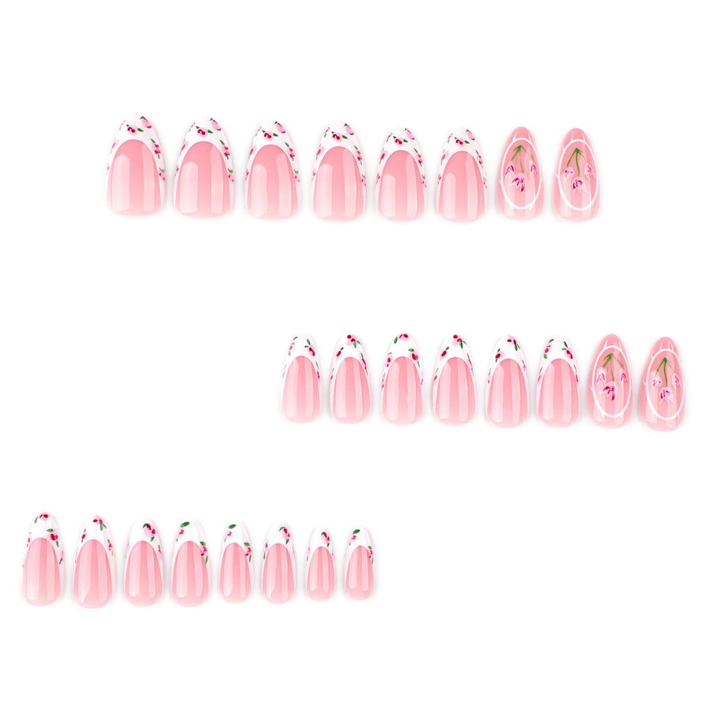 24 Pcs French Tip Press On Nail Almond Shape False Nail Elegant Flowers Acrylic Nail Glossy Full Cover Stick On Nail