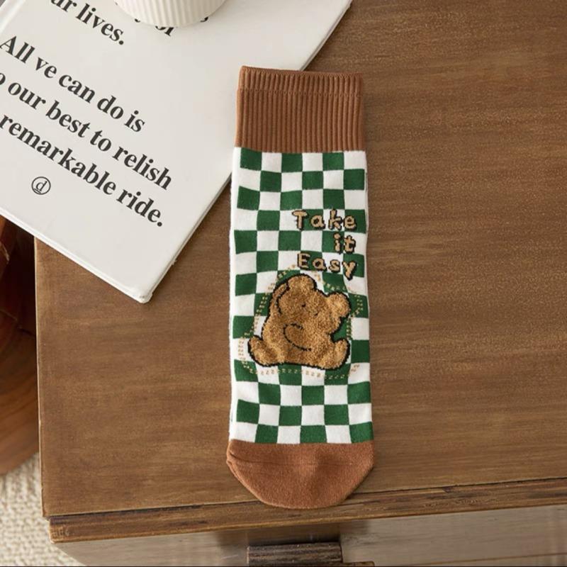 Cute Little Bear Socks, Cartoon Checkerboard Pattern, School Style, Versatile Cotton Socks, Trendy Short Socks