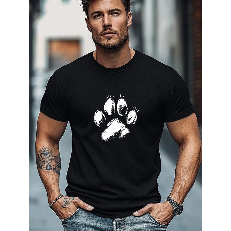 Men'S T-Shirt, Easy And Clean, Easy And Fashionable, Men'S Light Blue Background with White Paw Print Pattern Summer Casual Round Neck Short T-Shirt