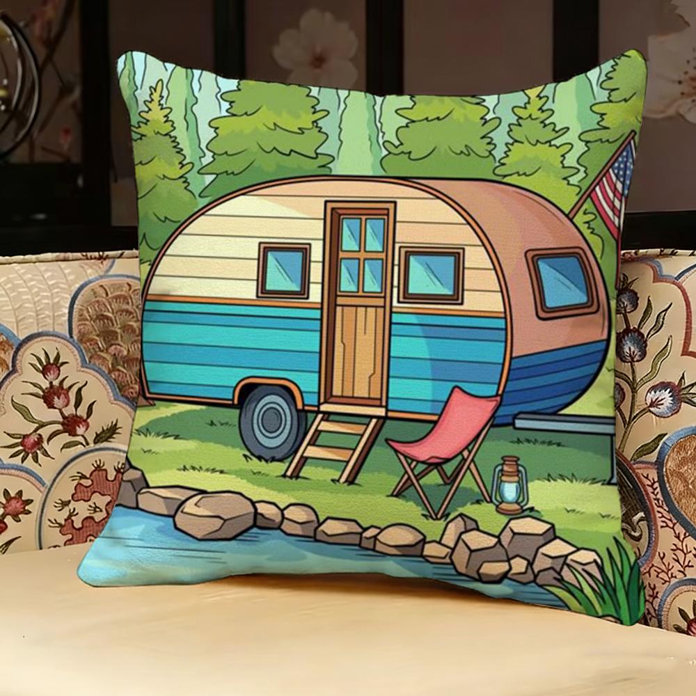 Happy Camper Cartoon House Pillow Case Pillowcase, Double-sided Printed, Sofa Cushion, Bedroom Headboard Pillow