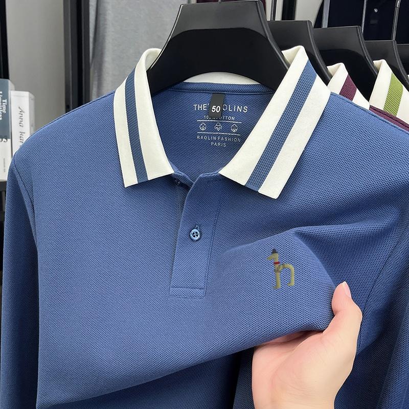 Cotton Men s Long Sleeve T-Shirt High Quality Exquisite Print Lapel Polo Shirt Spring Autumn Simple Fashion Business Menswear M