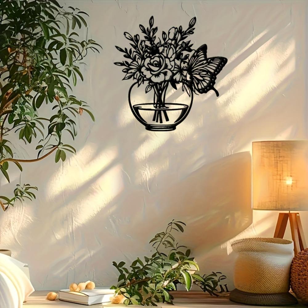 Eisen Wandkunst Moderne Blumenvase Skulptur mit Schmetterling, Metall Deko für Draußen, Minimalistisches Hängeobjekt für Weihnachts Oster Erntedankfest Geschenk