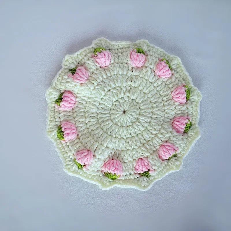 Hochzeit Küche Handgemachte Erdbeere Tasse Tisch Untersetzer Pad Matte Tisch Platzset Tischset Runde Tasse Gestrickte Tee Häkeln Matte