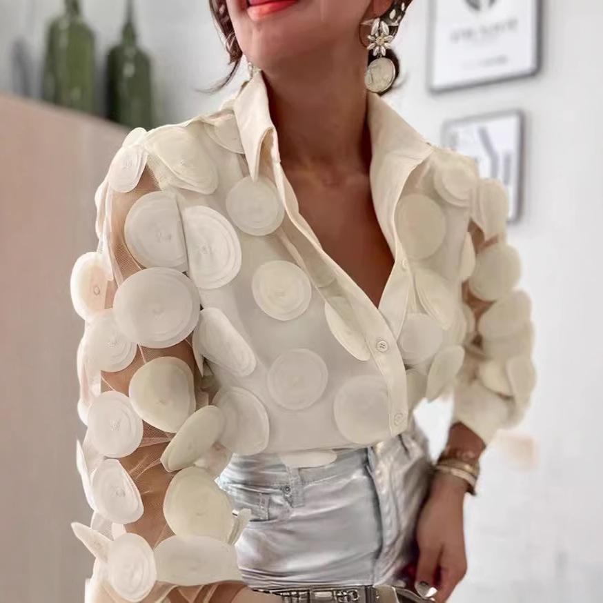 Embroidered Mesh See-Through Long-Sleeve Shirt