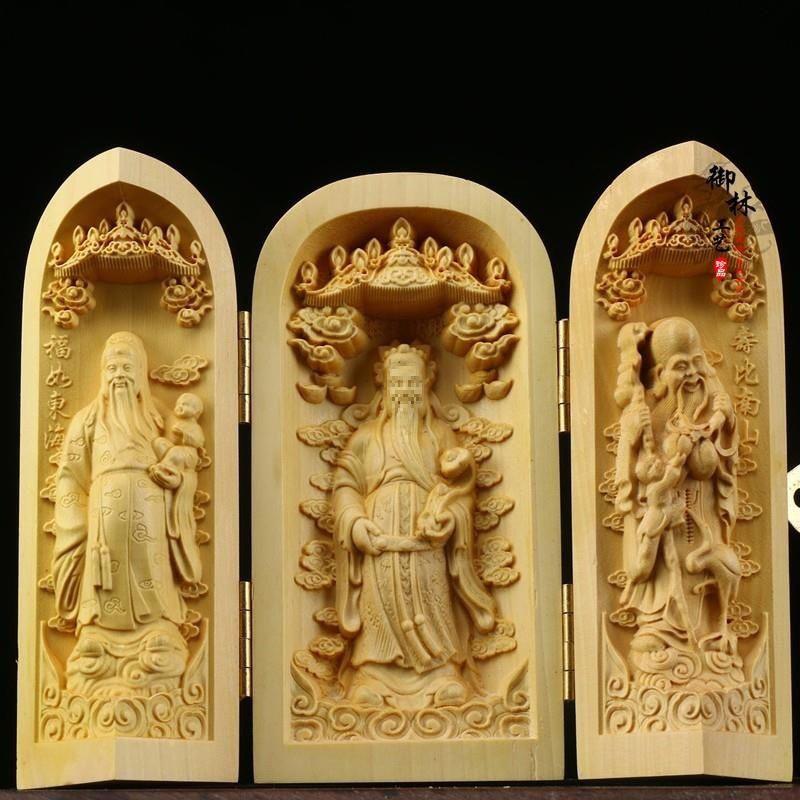 Boxwood Western Tři svatí Buddha Guanyin Masivní dřevo Přenosná třípanelová řezbovaná ozdoba
