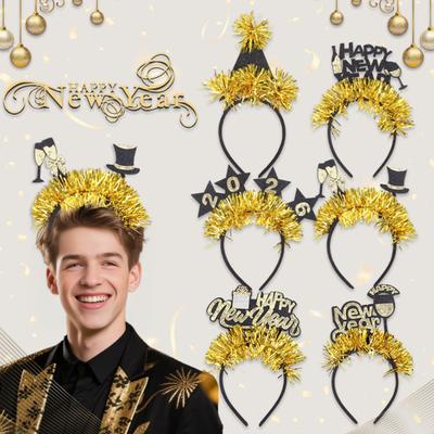 2026 New Year Headband with Number Logo Black Golden Sequin Design Streamer Decorated Hair Hoop Team Unity Prop