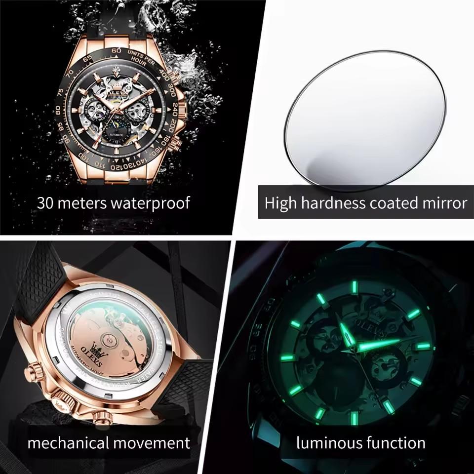 OLEVS 6713 New Automatic Mechanical Men's Watch Silicone Band Luminous Calendar Week Hollow Out 30M Waterproof Business Watches