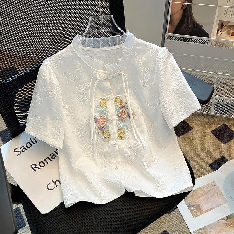 Women's Embroidery Plate Button Blouse Summer Premium Feeling Temperament Short Sleeve Shirt