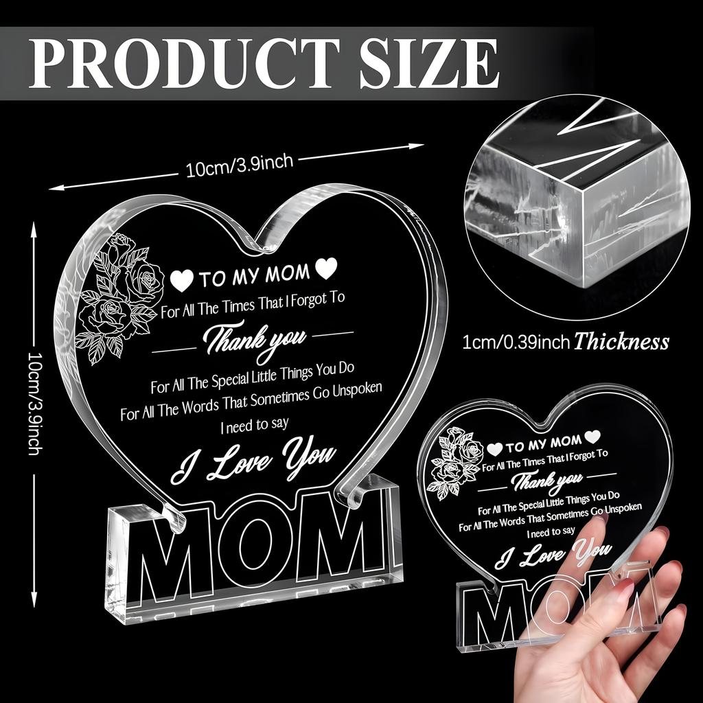 Heartfelt Acrylic Heart-Shaped Plaque for Mom - Engraved with Loving Message, Rose Design, Perfect Gift for Mother'S Day, Valentine'S 