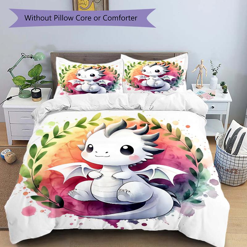 3pcs Adorable White Dragon Cartoon Printed Quilt Set - Includes 1 Quilt Cover and