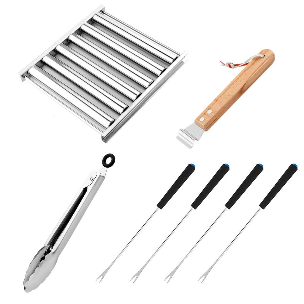 Stainless Steel Portable Detachable Hot Dog & Sausage Grilling Rack Set with Food Clip Fork.