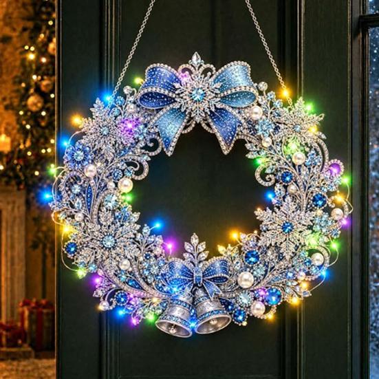 Funkelndes Edelstein Bastelset DIY Acryl Weihnachten Kunstperlen Aufhänge-Set, Beleuchteter Kranz 3D Perlen-Sets für Erwachsene Set mit LED-Lichterkette