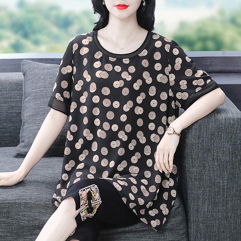 2025 Summer Print Loose Plus Size Chiffon Shirt for Middle-Aged Women
