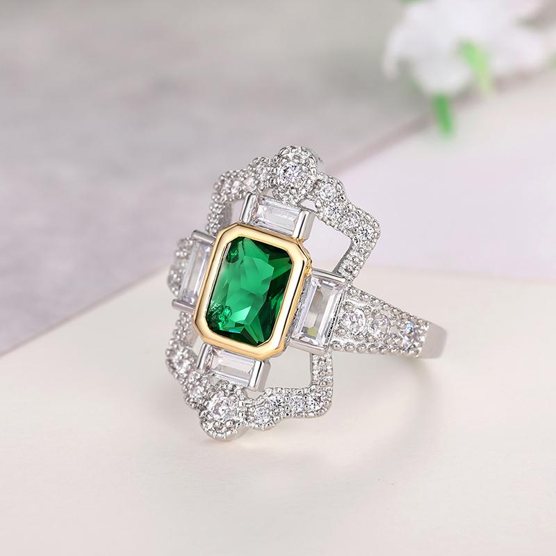 Huitan Vintage Two Tone Green CZ Finger Rings for Women Geometric Shape Hyperbole Rings Anniversary Party Retro  Dropship