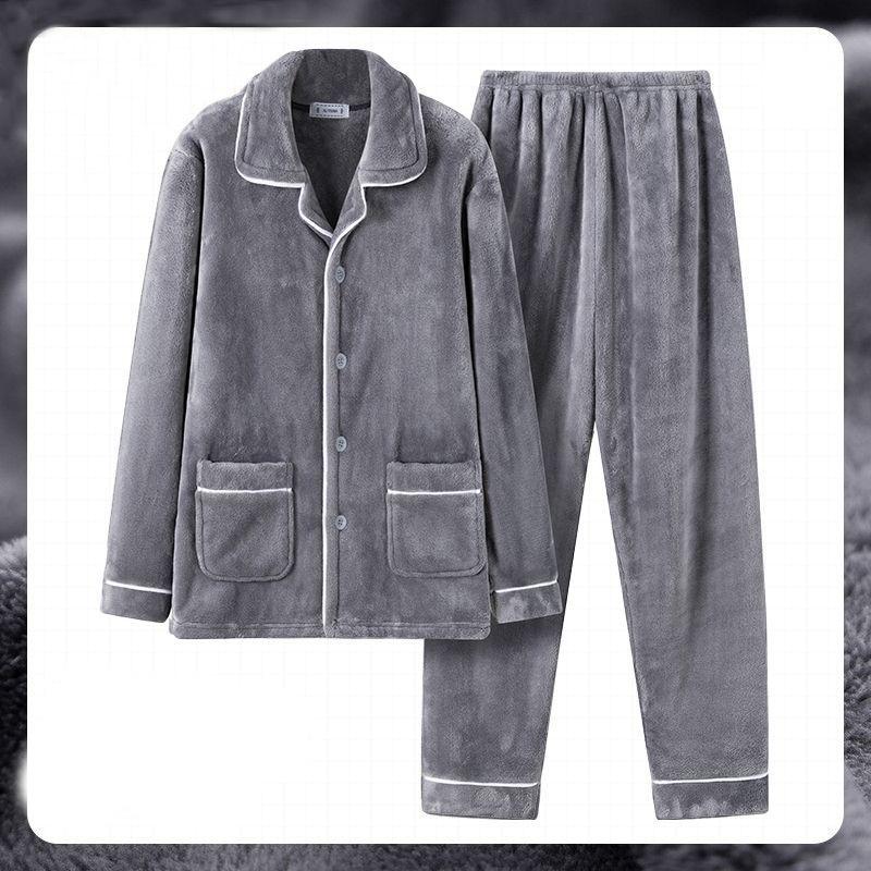 Herren Korallfleece Pyjama Langarm Verdickter Flanell Hauskleidungsset Herbst Winter Warm Locker Geschnitten Nachtwäsche Ensemble