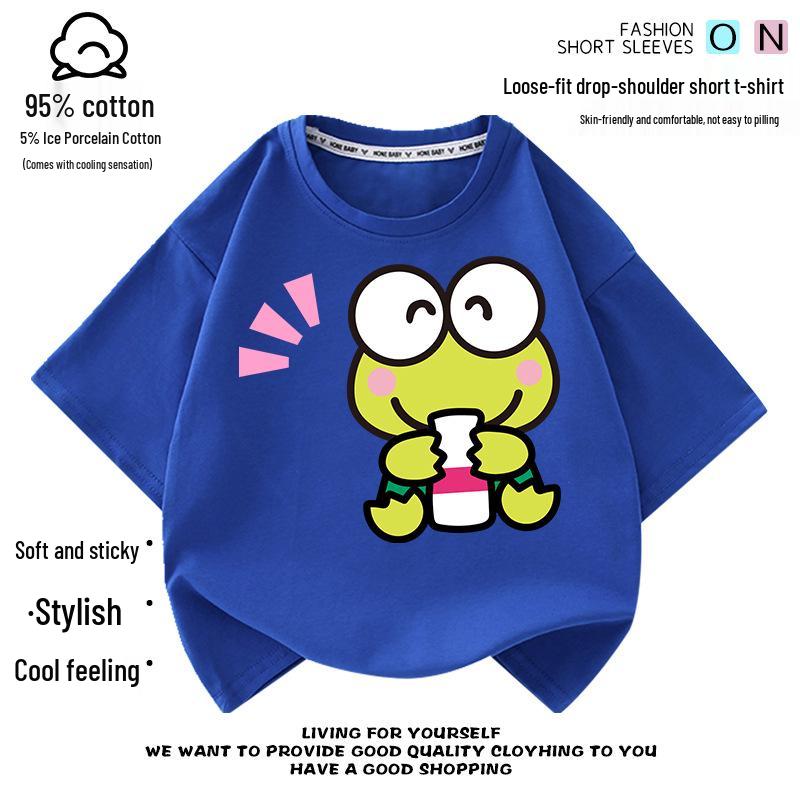 Adorable Keroppi Frog Print Kids Summer T-Shirt - Kawaii Loose Fit 160 cm королевский синий
