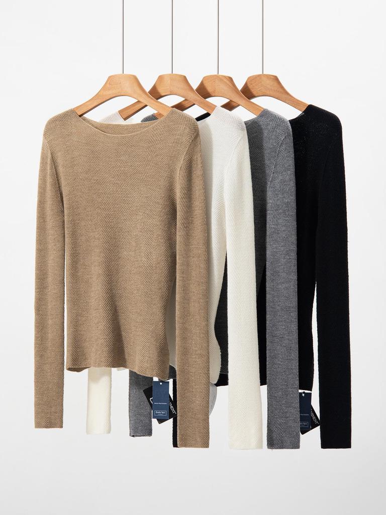 Women's 18-Gauge Pure Wool Yangzi Yarn One-Shoulder Herringbone Knit Top, Perfect for Spring and Autumn, Elegant and Versatile.