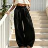 Einfarbige Hose Damen Weiter Bein Lässige Hose, Elastische Taille Locker Tägliche Wear Hose, Frühling Herbst Plissierte Palazzo mit Taschen Hoch Taille