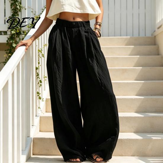 Einfarbige Hose Damen Weiter Bein Lässige Hose, Elastische Taille Locker Tägliche Wear Hose, Frühling Herbst Plissierte Palazzo mit Taschen Hoch Taille