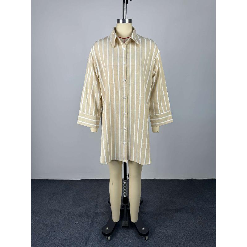 Women's 2026 Summer New Fashionable Turn-down Collar Buttoned Loose Striped Long Sleeve Mid-length Shirt