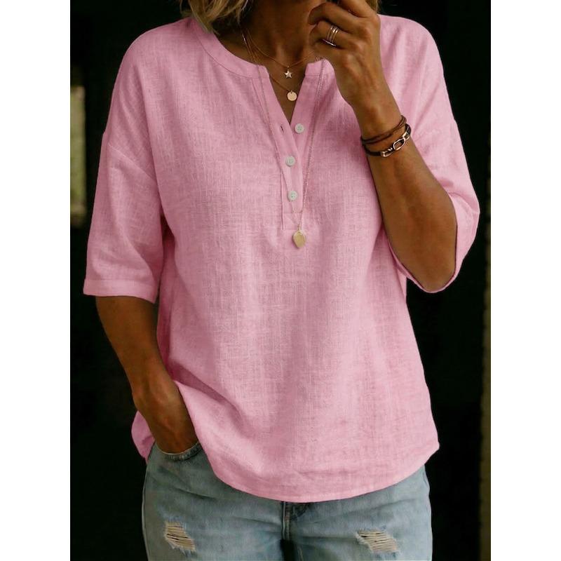 QICED Women's Fashion Casual Solid Color Print V-Neck 1/2 Sleeves Blouses & Shirts