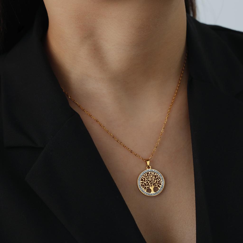 Women's Stainless Steel Gold-Color Tree of Life Necklace with Clear Zircon round Pendant Luxury Jewelry Gift for Weddings