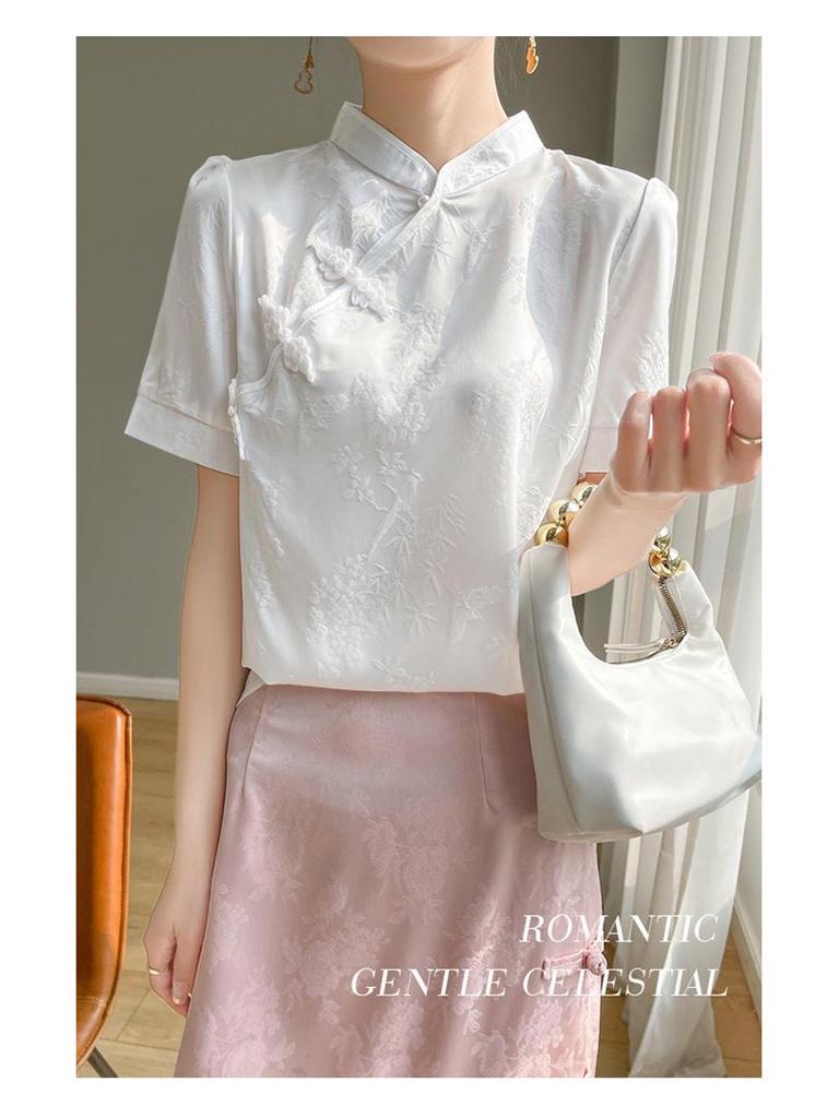 Damen Chinesischer Froschknopf Satin T-Shirt: Kurzärmelig, Stehkragen, Retro-Stil