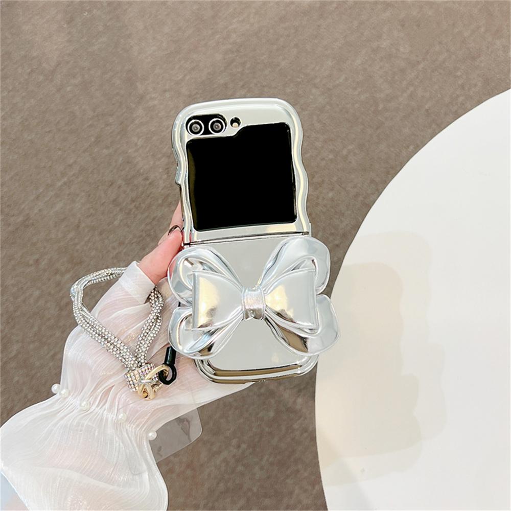 Big Leather Bowknot Phone Case For Samsung Z Flip 4 z flip 6 5 3 Bracelet Cover For Galaxy Z Flip5 Plating Wavy Cases