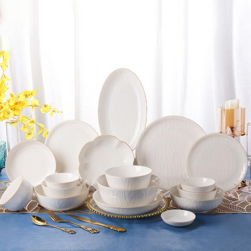 SHUNXIANG Ceramic Bowls Plates White Nordic Relief Dinnerware Dishes Rice Bowl Vegetable Plate Salad Soup Tray Kitchen Tableware