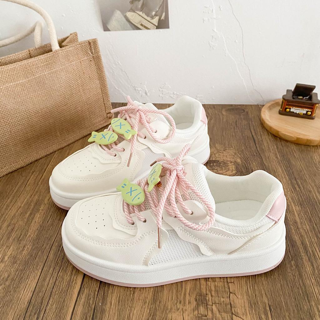 B2312 Latex Insole/small Fish Accessories Thick-soled Little White Shoes Women's Shoes Board Shoes 2025 New Spring and Summer Breathable Mesh